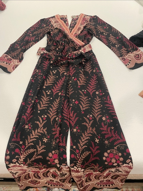 One September Pants - Bohemian Floral Wrap Jumpsuit in Black and Burgundy
